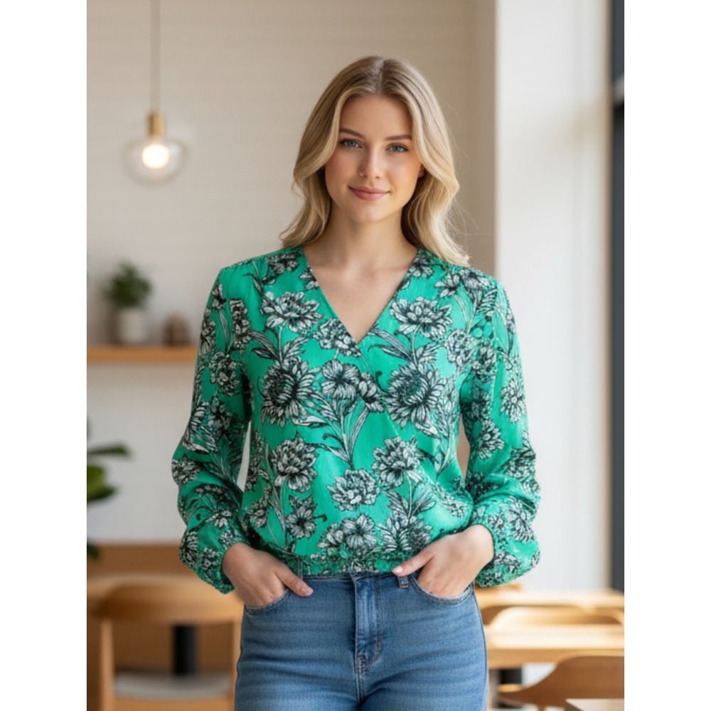 INC International Concepts Floral Print Wrap Blouse Long Sleeve Green Small